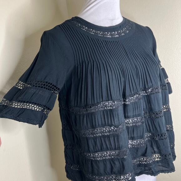 Aritzia Wilfred Beaudry Top XS Black Pintuck Pleated Crochet Peasant Blouse Chic - Picture 4 of 11
